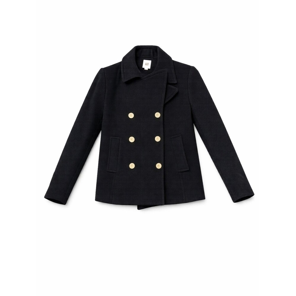 GAP Black Wool Pea Coat Small Double Breasted Ribbed Textured Jacket Faux Fur